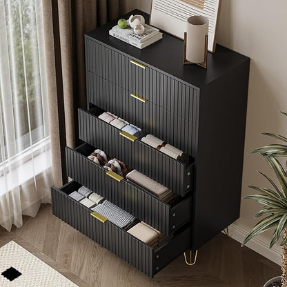 5 Drawers Dresser for Bedroom, 47" Tall Modern Chest of Drawers with Gold Handle, Fluted Wood Dresser for Bedroom, Living Room, Hallway, Entryway, Black