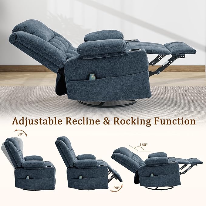 Adult 360° Swivel Rocking Recliner, Nursery Glider Lounger with Massage and Heating, Rocking Chair with Cup Holder, Living Room and Bedroom Manual Chair (Fabric, Blue)