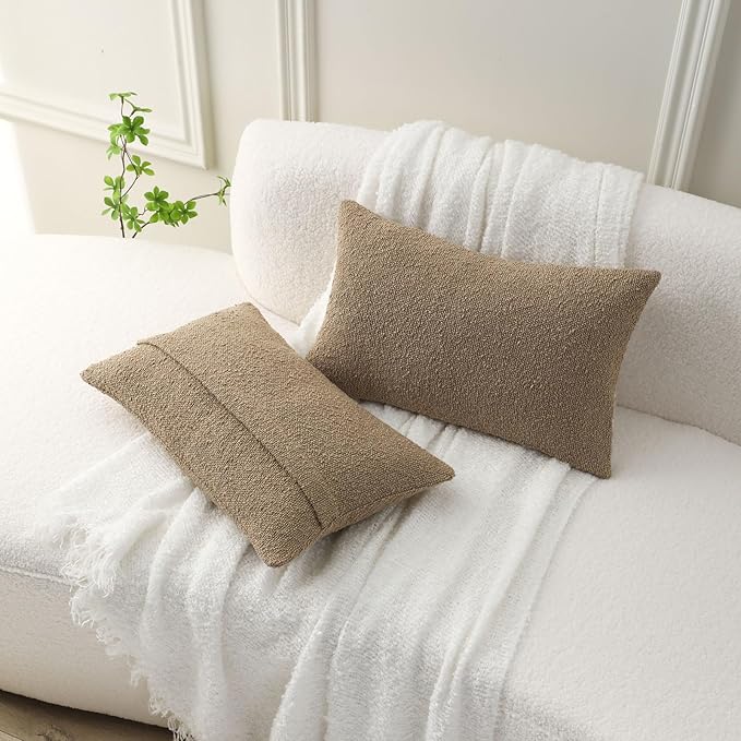 FUTEI Pack of 2 Khaki Decorative Throw Pillow Covers 12x20 Inch Soft Cozy Solid Boucle Textured Lumbar Pillow Cases,Modern Home Decor for Couch Bed Living Room