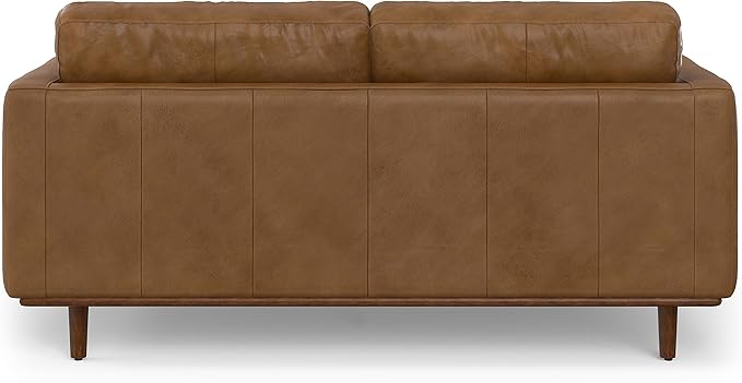 SIMPLIHOME Morrison 72-inch Wide Sofa in Caramel Brown Top Grain Genuine Leather, Mid-Century Modern-Style Loveseat for Living Room, Single Bench Cushion, Removable Back Cushions, 2 Bolster Pillows