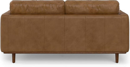 SIMPLIHOME Morrison 72-inch Wide Sofa in Caramel Brown Top Grain Genuine Leather, Mid-Century Modern-Style Loveseat for Living Room, Single Bench Cushion, Removable Back Cushions, 2 Bolster Pillows