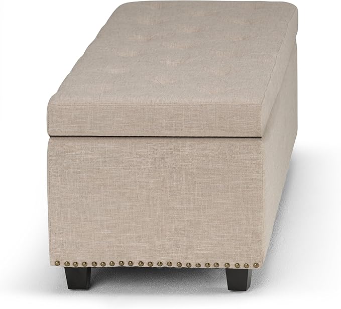 SIMPLIHOME Hamilton 48 inch Wide Transitional Rectangle Storage Ottoman in Natural Linen Look Fabric, Assembled, For the Living Room, Entryway and Family Room