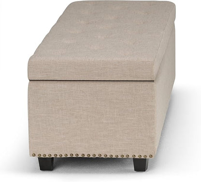 SIMPLIHOME Hamilton 48 inch Wide Transitional Rectangle Storage Ottoman in Natural Linen Look Fabric, Assembled, For the Living Room, Entryway and Family Room