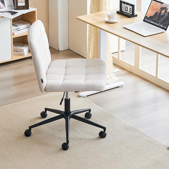 Furnimart Swivel Criss Cross Legged Chair with Wheels for Home Office, Wide Armless Desk Chair Height Adjustable Comfy Seat for Desk,Vanity, Bedroom, Beige