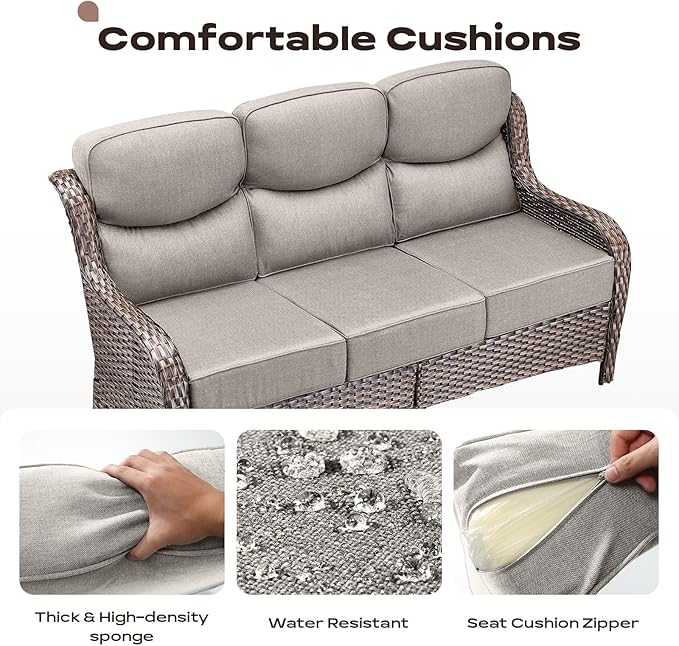 Rilyson Wicker Outdoor Patio Furniture Set - 8 Piece Patio Conversation Sets with Swivel Rocker Chairs, Ottomans, Sofa and Coffee Table, 6 inch Cushions, Deep Seating, for Porch Deck Brown/Beige