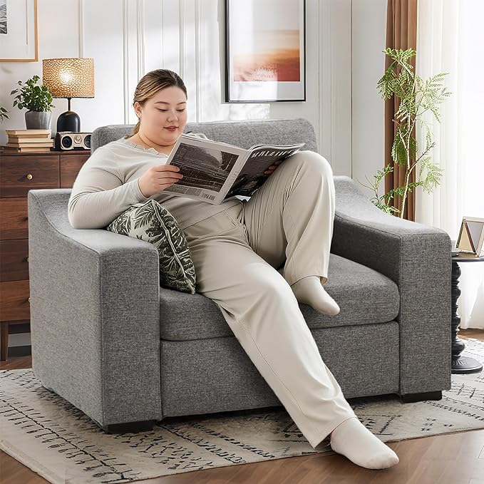 ELUCHANG 47" W Oversized Accent Chair Set of 2, Linen Fabric Modern Chair, Washable Covers, Comfy Upholstered Large Reading Armchair for Living Room, Bedroom, Office, Dark Grey