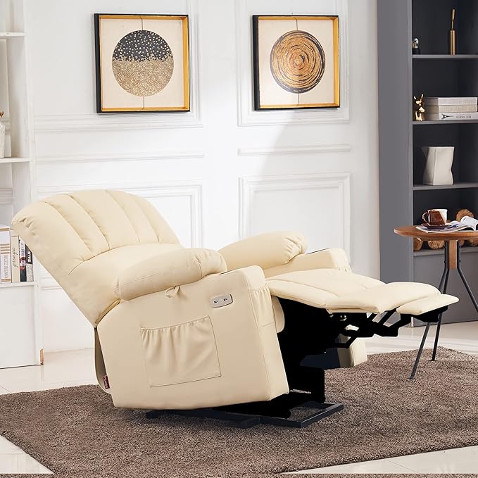 MCombo Power Lift Recliner Chair for Elderly, Lift Chair with Heat and Massage, USB &Type C Ports, Cup Holders, Faux Leather 7095 (Medium, Cream White)