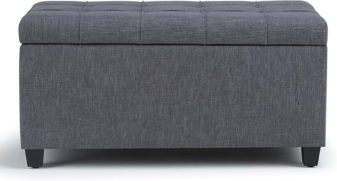 SIMPLIHOME Sienna Storage Ottoman Bench - 33 inch Wide Upholstered Linen Look Fabric Rectangle Storage Ottoman Bench in Dove Grey, Transitional Tufted Ottoman for Living Room or Entryway with Lift Top