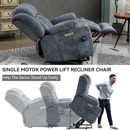 Power Lift Recliner Chair, 350lb Capacity with 8-Point Massage & Heating, USB/Type-C Ports & Cup Holders, Heavy Duty Chenille Recliner for Elderly, Blue Grey