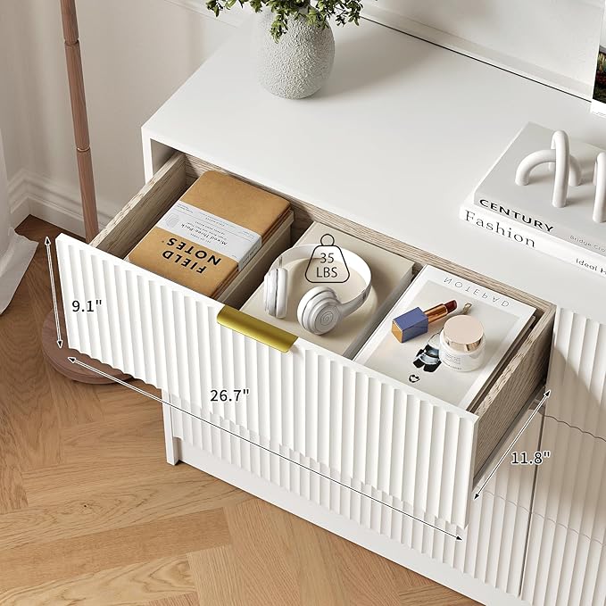 3-Piece Modern Bedroom Furniture Set, Wide 6-Drawer Dresser & 2-Drawer Nightstands Set of 2, Natural Wood Dresser and Nightstand Sets for Bedroom, Hallway, White