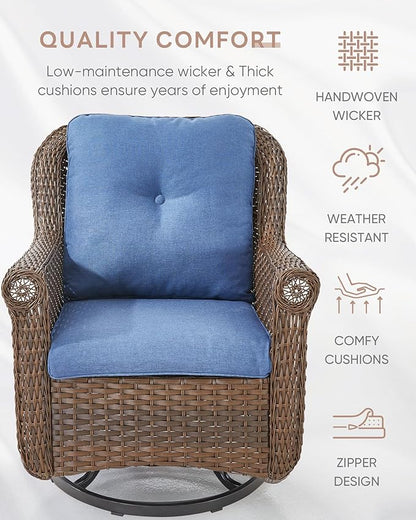 Patio Chairs Outdoor Swivel Glider - Set of 4 High Back Outside Brown Wicker Rattan Rocking Chair with Thick Cushion for Porch Apartment Deck Yard Poolside Garden - Navy Blue