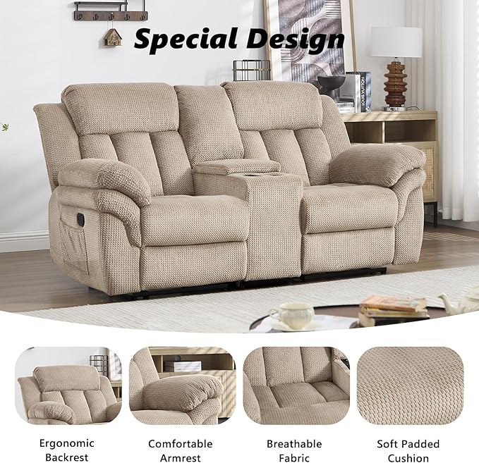 CANMOV Recliner Sofa Set, Manual Recliner Loveseat with Overstuffed Armrest for Living Room,Bedroom Furniture,Office,2 Seat Light Brown