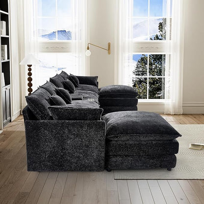 HYJT-H&K 145" U Shaped Cloud Couch Modular Black Fluffy Sectional Couches for Living Room, Comfy Chenille Oversized Cloud Couch Sectional, 6 Seat Large Sectionals Sofa Set Central Console USB
