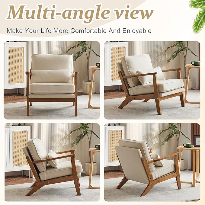 VINGLI Solid Wood Wide Armrests Accent Chair Set of 2,Upholstered Mid Century Modern Chair with Pillow,Farmhouse Arm Chair Comfy Reading Chair,Chairs Living Room,Bedroom,Guest Room,Linen Fabric,Beige
