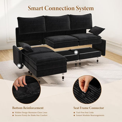 Vesgantti 142" Oversized Sectional Sofa Bed, 8-Seater Modular Sleeper Cloud Couch with Movable Ottoman, Corduroy Convertible Sofa Set Deep Seat Couches for Living Room, Bedroom and Apartment, Black