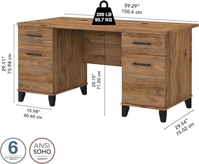 Bush Furniture 60-inch Home Office Desk with Drawers, Large Computer Table with Storage, Transitional Style, Somerset Collection, Fresh Walnut