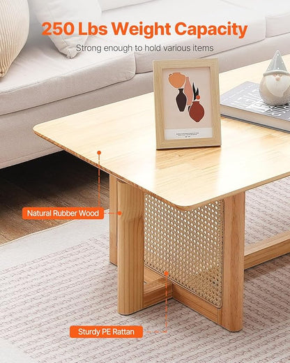 VEVOR Rattan Coffee Table, Rectangle Woven With Rubber Wood Top, 47-Inch Modern Boho Storage Table With Natural Legs, for Living Room, Bedroom & Small Spaces