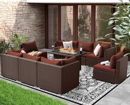 NICESOUL Modern 9 Pcs Patio Sectional Sofa Set with Fire Pit Natural Gas/Propane, Extra Large Outdoor Furniture Sets, 29.3'' High Back Deep Seats Conversations 8 Seater, Brown Rattan and Red Cushion