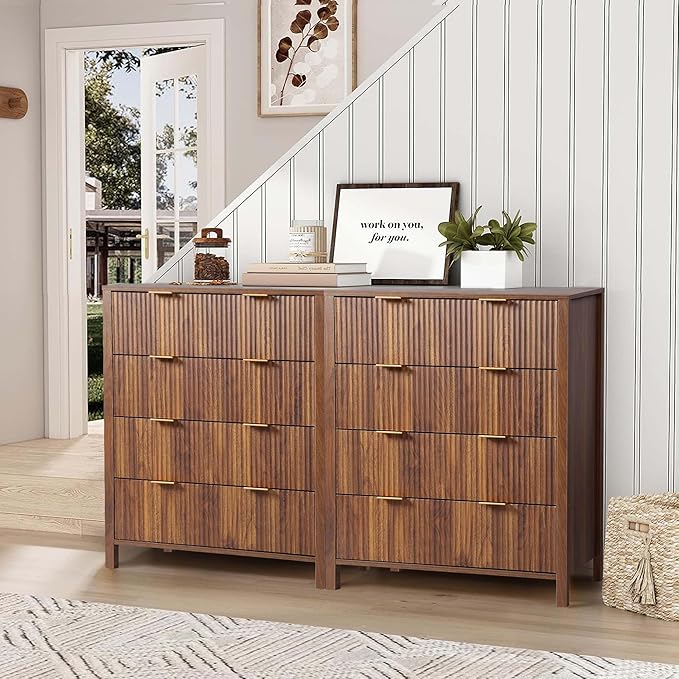 4 Drawer Double Dressers for Bedroom with Waveform Fluted Panel Design, Modern Wide Chest of Drawers,Wood Storage Dresser Chest of Drawers for Bedroom Living Room Hallway Closet,Walnut 2 Sets