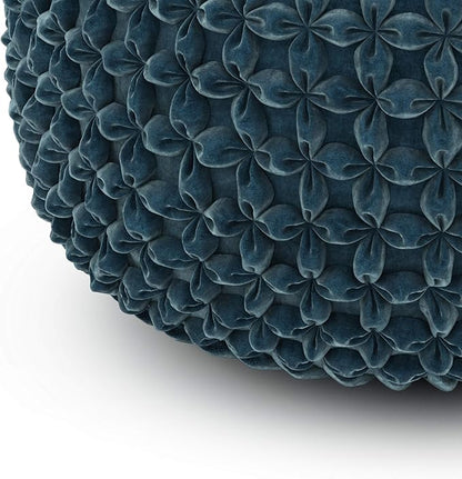 SIMPLIHOME Renee Boho Round Pouf in Teal Velvet Fabric for the Living Room, Bedroom and Kids Room