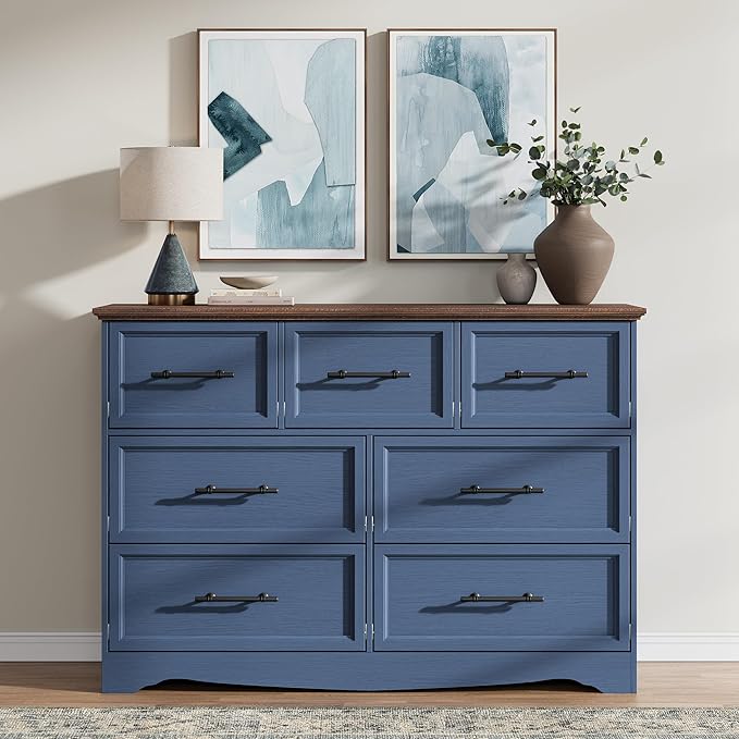 Blue Farmhouse Dresser for Bedroom, Modern 7 Chest of Drawers, 47" Wide Chest of Drawers w/Brushed Metal Handle, Wood Dresser TV Stand and Storage Cabinet for Bedroom, Living Room, Hallway