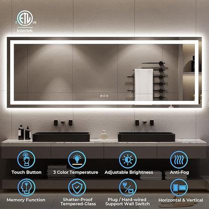 96x36 Inch LED Bathroom Mirror with Lights Front and Backlit Lighted Vanity Mirror for Bathroom Wall with 3 Colors Dimmable Anti-Fog Memory Shatter-Proof IP54 Waterproof Horizontal/Vertical