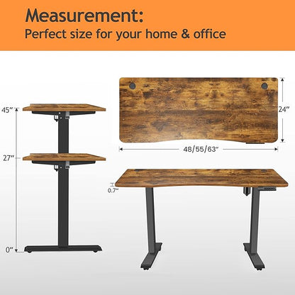 Electric Adjustable Standing Desk with Wheels, 63'' x 24''Sit Stand Desk with Dual Crossbeam and Mouse Pad, 27''-46'' Lifting Range Stand up Table with Ergonomic Arc Desktop (Brown)