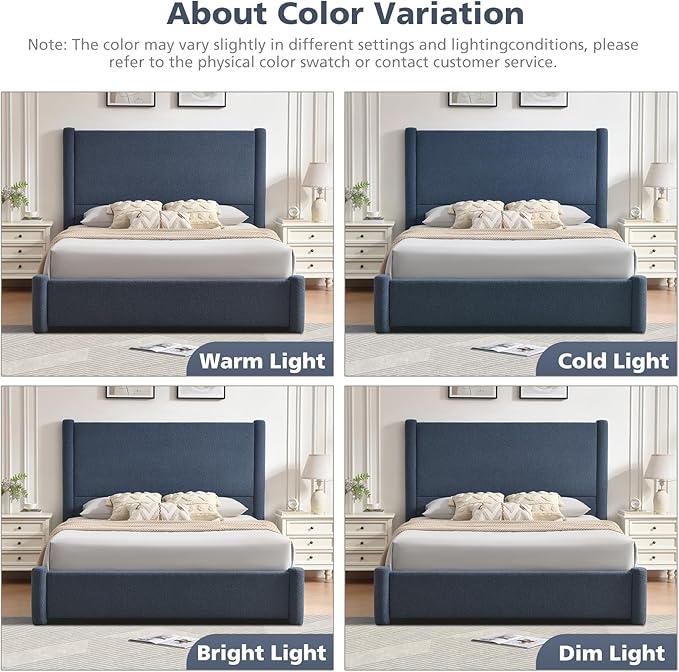 VELOCAVA King Size Upholstered Bed Frame with 51.77" Tall Headboard and Soft Rounded Corners, 2 Storage Drawers, 12-Slat Support, No Box Spring Needed, Linen-Blend Fabric, Dusty Blue