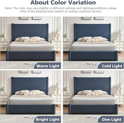 VELOCAVA King Size Upholstered Bed Frame with 51.77" Tall Headboard and Soft Rounded Corners, 2 Storage Drawers, 12-Slat Support, No Box Spring Needed, Linen-Blend Fabric, Dusty Blue