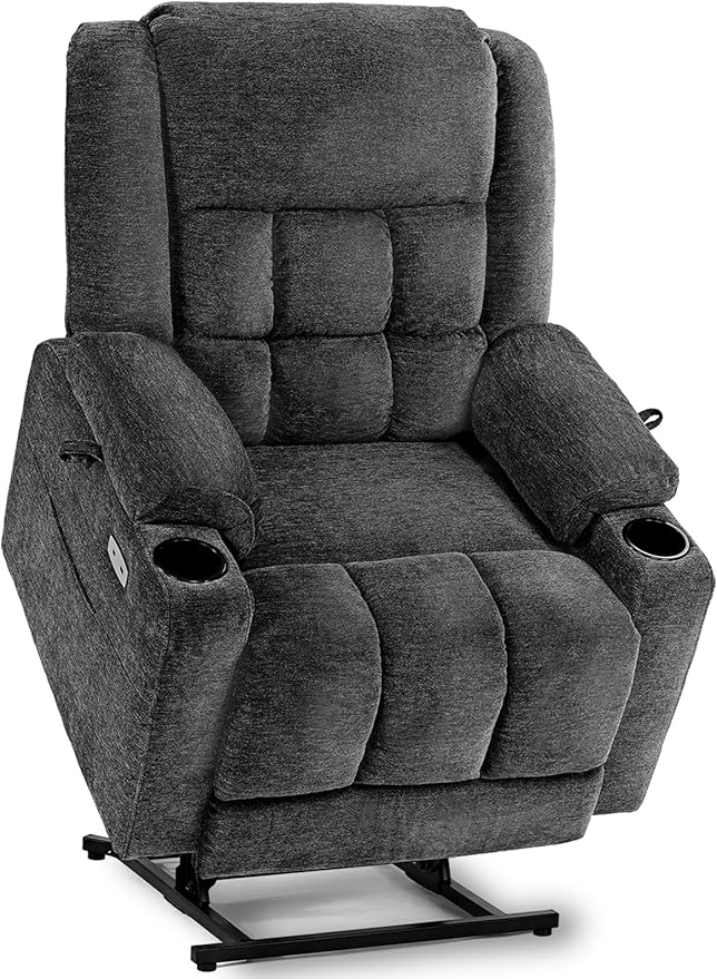 EONIX Dual Motor Lay Flat Power Lift Recliner Chair for Elderly, Electric Recliner Lift Chair for Adults with Heat and Massage, Cup Holders, 400lbs Heavy Duty, SLRY014062, Dark Grey