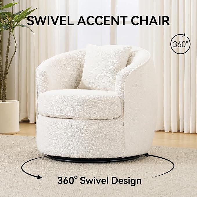 Swivel Accent Chair Set of 2, Modern Upholstered Boucle Barrel Arm Chairs with Pillow for Living Room, 360 Degree Round Swivel Sherpa Armchair with Round Base for Bedroom Club (2, Cream)
