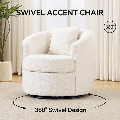Swivel Accent Chair, Modern Upholstered Boucle Barrel Arm Chairs with Pillow for Living Room, 360 Degree Round Swivel Sherpa Armchair with Round Base for Bedroom Club (1, Cream)