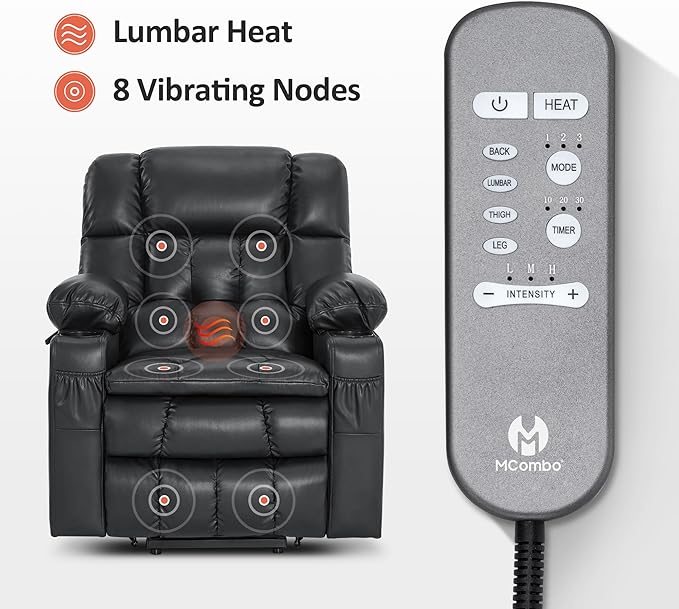 MCombo Dual Motor Small Power Lift Recliner Chair for Elderly, Lay Flat Lift Chair with Heat and Massage, Petite Lift Chair, Cup Holders, Faux Leather 7893 (Black, Small)