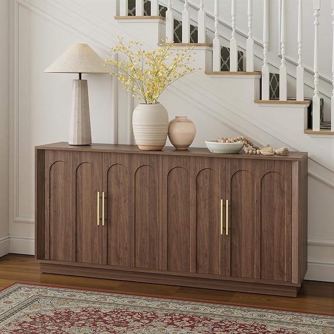 Sideboard Buffet Cabinet with Storage, Mid Century Modern Accent Cabinet with Arched Doors, Modular Media Console, Minimalist Credenza for Living Room Kitchen Dining Room Entryway, Walnut