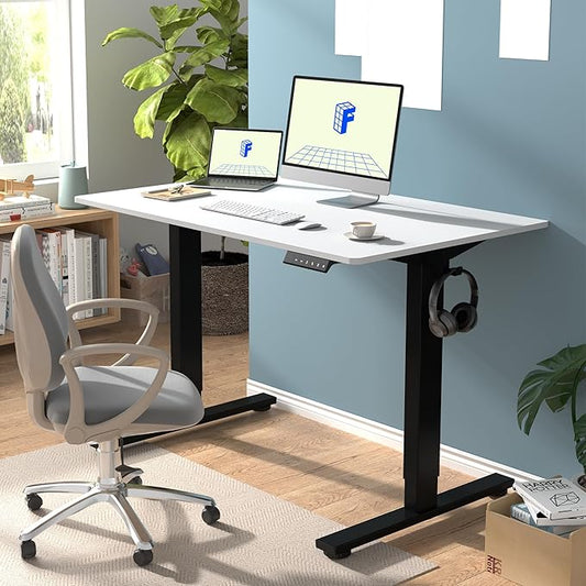 FLEXISPOT EN1 Whole-Piece Standing 48 x 24 Inches Height Adjustable Electric Desk Sit Stand Desk Home Office Desks (Black Frame + White Table Top, 2 Packages)