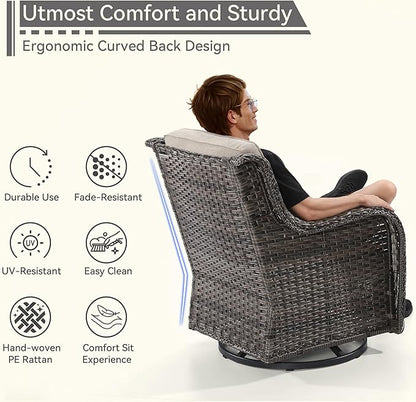 6 Pieces Outdoor Furniture Set - Patio Wicker Swivel Rocker Chair Set of 4 and 2 Side Table, Beige, Mixed Brown Rattan, Suitable for Porch, Yard