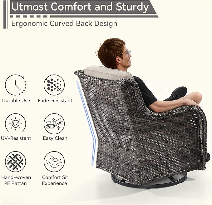 3 Pieces Outdoor Furniture Set - Patio Wicker Swivel Rocker Chair Set of 2 and 1 Side Table, Beige, Mixed Brown Rattan, Suitable for Porch, Yard