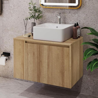 30 Inch Floating Bathroom Vanity with Sink – Wall-Mounted Vanity with Hidden Drawer, Natural Wood Finish, Modern Vessel Sink Vanity for Bathroom(Nature with Sink, 30")