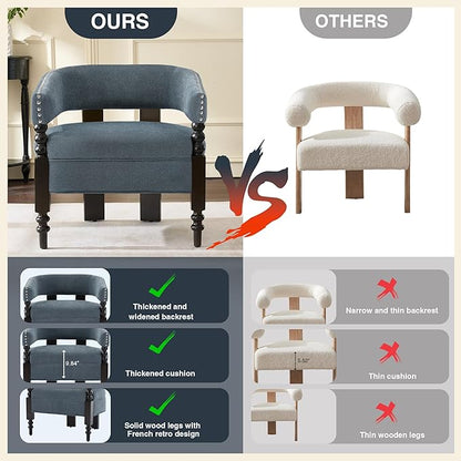 LOULENS Barrel Accent Chair for Living Room | Vintage Linen Upholstered Lounge Chair with with Solid Wood Legs, Armchair for Bedroom, Reception Room & Reading Nook, Blue