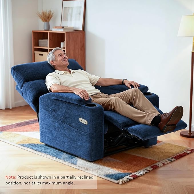 MCombo Lay Flat Dual Motor Power Lift Recliner Chair with Massage & Dual Heating, Arm Storage, Extended Footrest, USB A/C Ports & Cup Holders, Infinite Position for Elderly, Fabric LC002 (Navy)