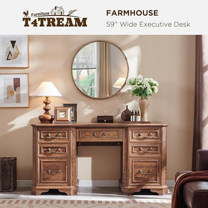 T4TREAM 59" Farmhouse Executive Desk with Drawers,Wood Home Office Computer Desk, Featuring Keyboard Tray,Charging Station,File Drawer, Storage Cabinet,for Work and Study (Reclaimed Barnwood)