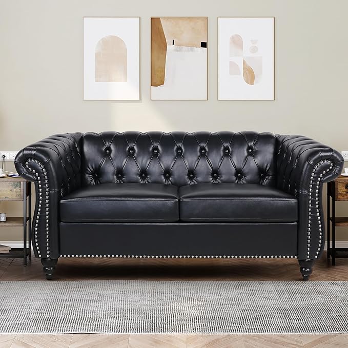 Faux Leather Sofa and Loveseat set, Mid Century Modern Upholstered Couch with Cushions, 2-Piece Home Sofa Living Room Furniture Sets, Comfy Tufted Chesterfield Couches for Bedroom, Office (Black)