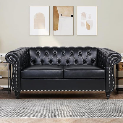 Faux Leather Sofa and Loveseat set, Mid Century Modern Upholstered Couch with Cushions, 2-Piece Home Sofa Living Room Furniture Sets, Comfy Tufted Chesterfield Couches for Bedroom, Office (Black)
