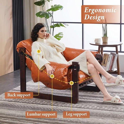 Furnilivng Modern Lounge Accent Chair, Comfortable Oil Waxed Leather Arm Chair with Sturdy Wood Frame, Upholstered Cozy Sofa Chair for Living Room, Bedroom, Dressing Room, Home Office, Retro Orange