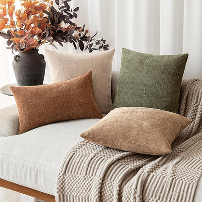 Foindtower Set of 2 Soft Textured Chenille Throw Decorative Pillow Covers Square Accent Solid Cushion Cover Cozy Neutral Farmhouse Pillow Case for Couch Sofa Bedroom Living Room 18x18 Inch,Cream Camel