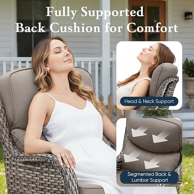 Belord Luxury 6" Thick Cushioned Outdoor Swivel Rocker Chairs Set of 4 with Fire Pit Table, High Back Wicker Patio Furniture Set with Ergonomic Zone Back, Conversation Set for Deck Porch - Grey+Grey