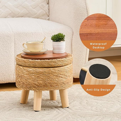 Cpintltr Storage Ottoman Poufs Handwoven Footstool Natural Seagrass Round Footrest Stool with 4 Wood Legs Soft Padded Outdoor Seat for Hallway Lounge Bedroom Garden