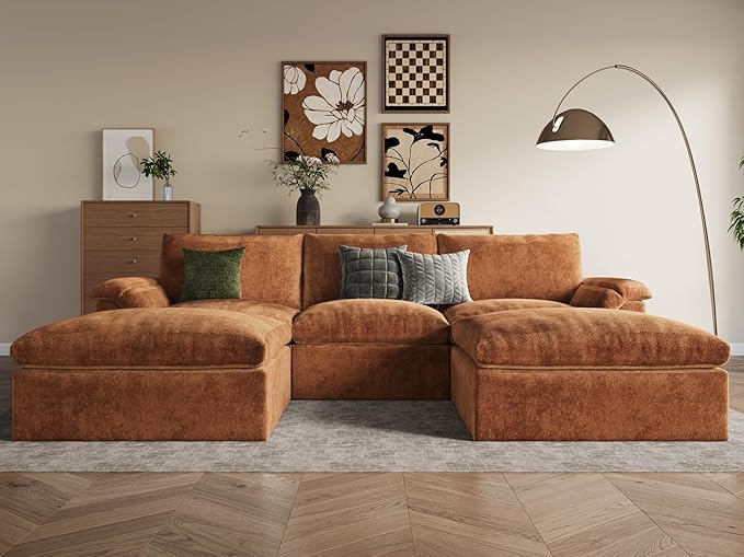 EASE MOOSE Oversized Cloud Couch Sectional Sofa, U-Shaped Modular Couch for Living Room, Minimalist Boneless Convertible Couches with Ottoman, 5-Seat Deep Sofas for Bedroom, Chenille (Brown)