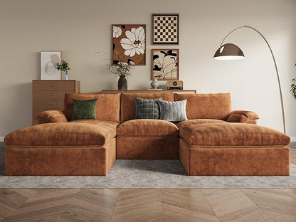 EASE MOOSE Oversized Cloud Couch Sectional Sofa, U-Shaped Modular Couch for Living Room, Minimalist Boneless Convertible Couches with Ottoman, 5-Seat Deep Sofas for Bedroom, Chenille (Brown)