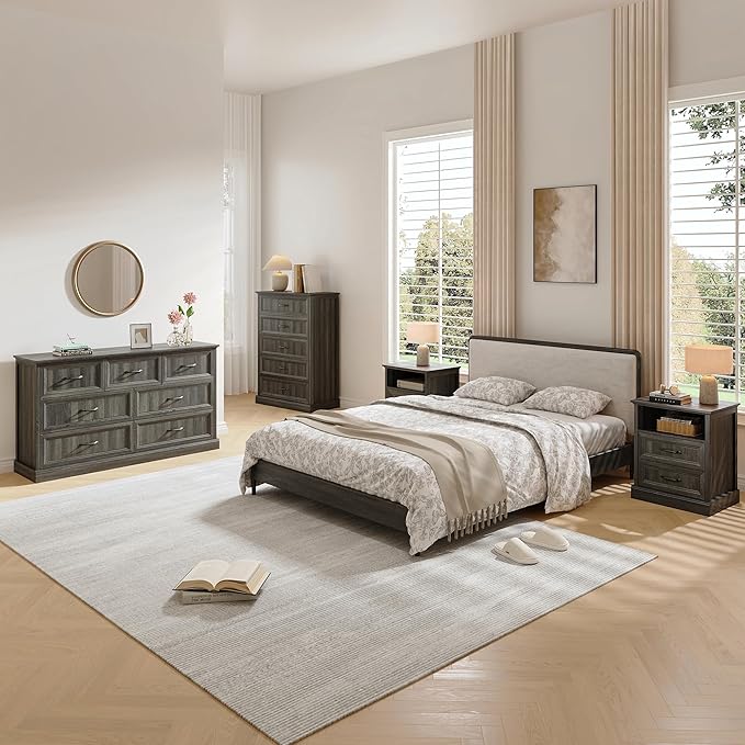 Farmhouse Dresser and Nightstand Sets, 4Pcs Bedroom Furniture Set, Nightstand Set of 2 & 55" Wide 7 Drawer and 44" Tall 5 Drawer Dresser with Large Drawers & Bar Handles, Grey
